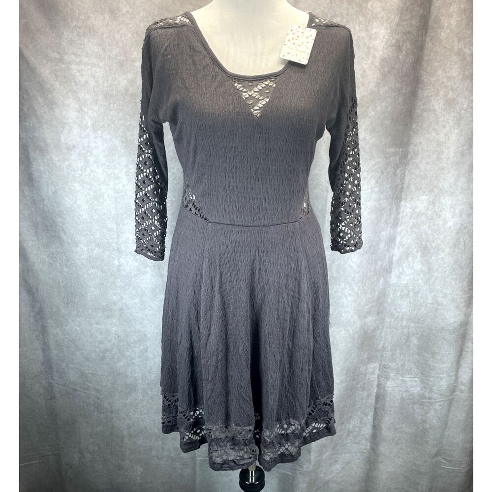 NWT Free People To The Point Fit & Flare Crochet Dress Women M Charcoal Grey